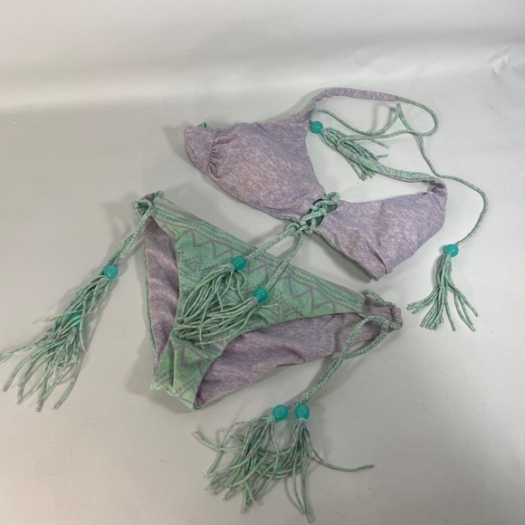 Victoria Secret Womens Reversible Bikini Small Mint Purple Tie Tassels Aztec - Picture 15 of 16